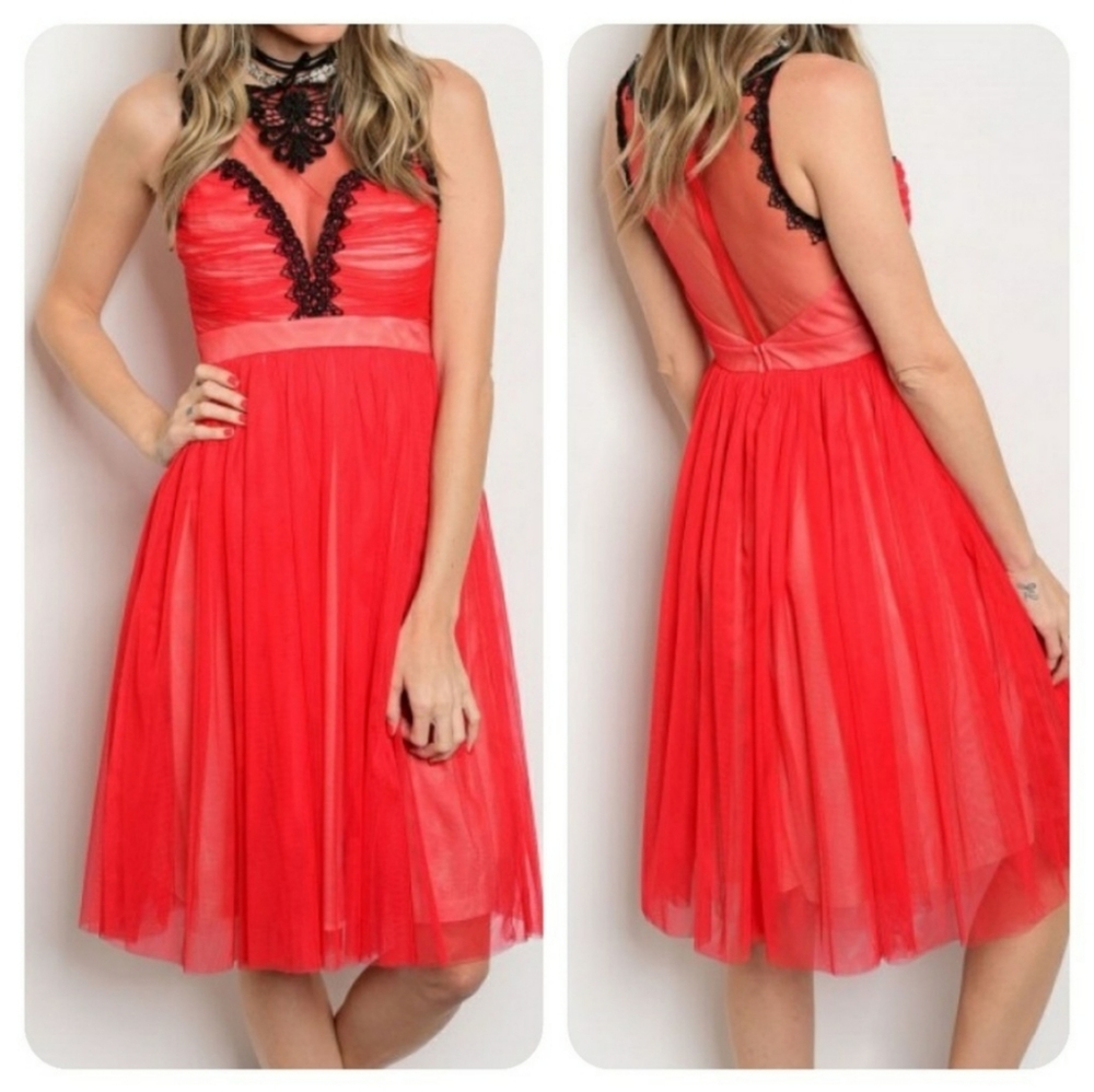 Red black lace dress
